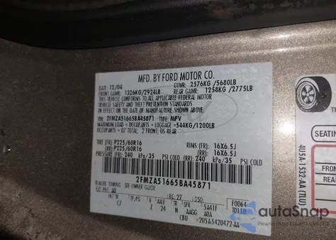 2005 Ford Freestar Se из США, поврежденный, VIN 2FMZA51665BA45871